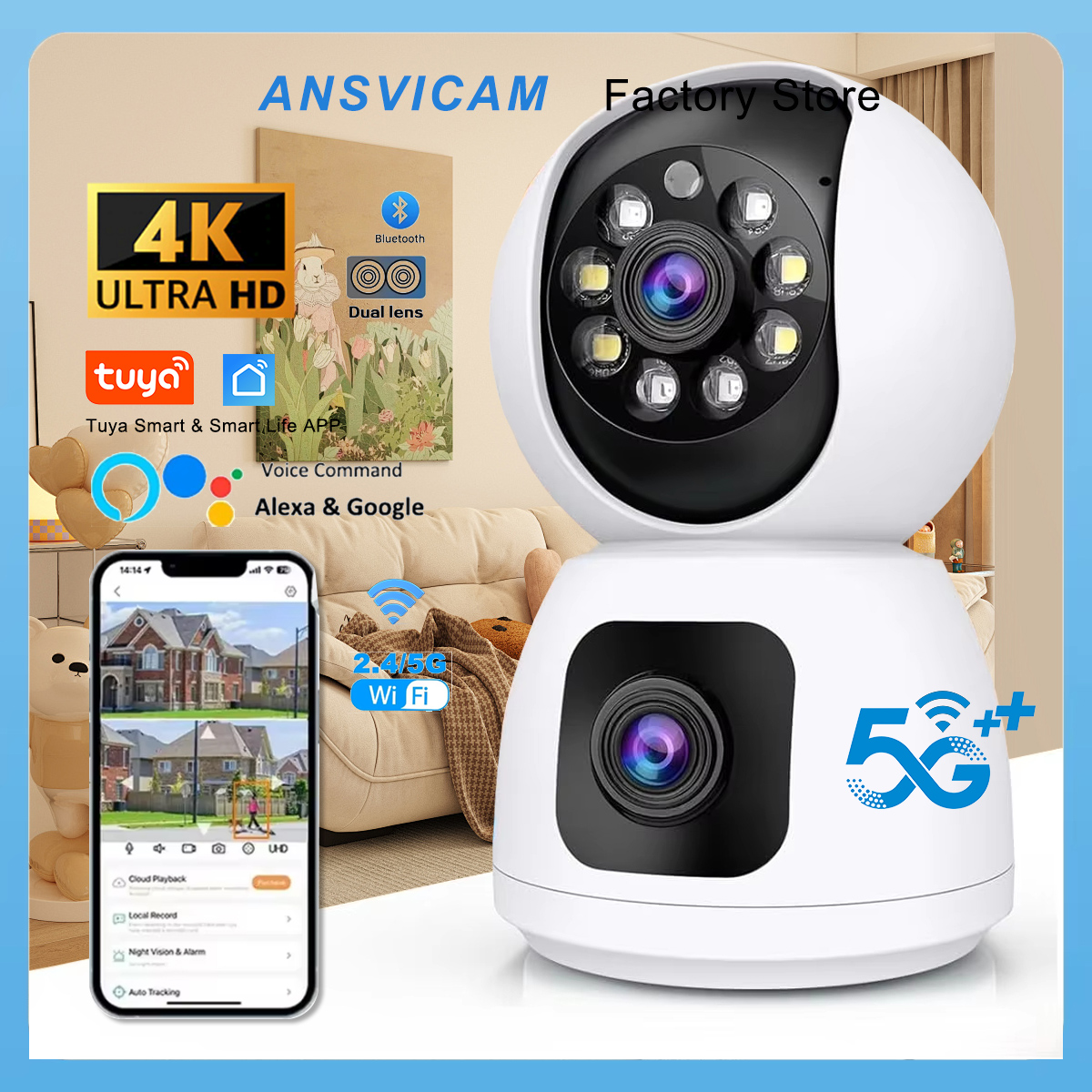 Smart Home Battery Camera Ezviz - ANSVICAM Tuya Smart 4K 8MP Dual-Lens